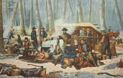 Amerikanische Waldszene - Ahornzuckerherstellung, veröffentlicht 1856, Currier & Ives
